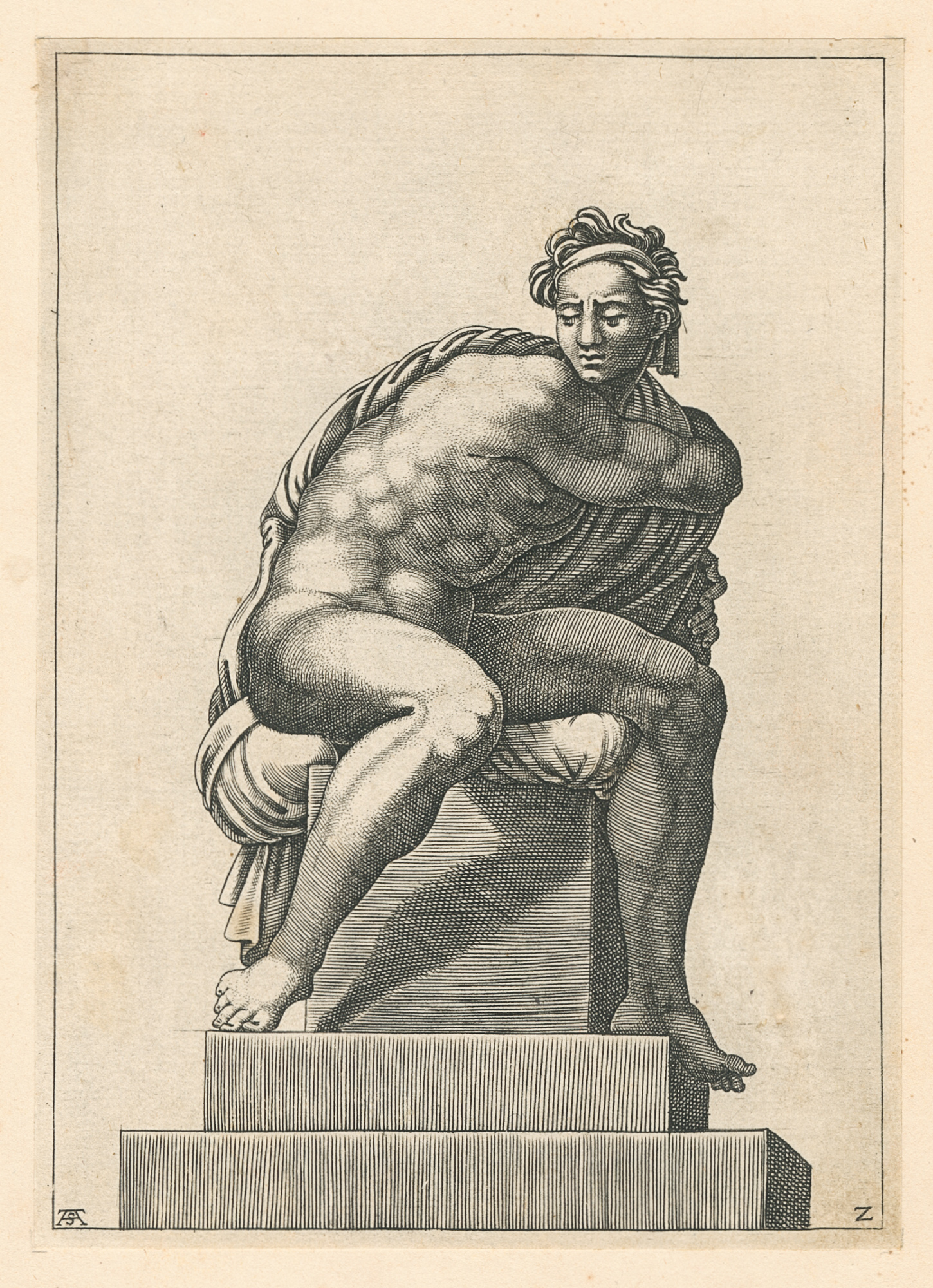 Michelangelo Buonarroti (Italian, 1475-1564)Male Nude Seated on A Pedestal (from Series of Studies from the Ceiling of The Sistine Chapel)